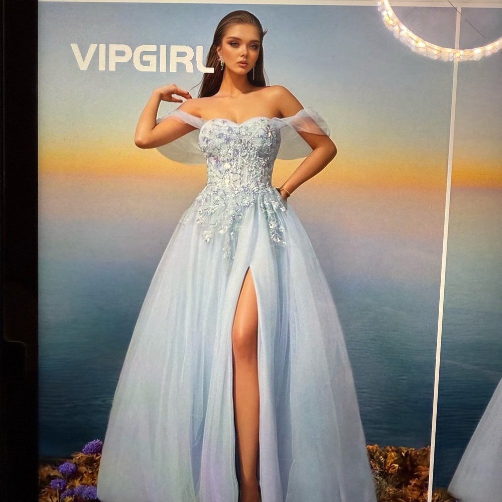 Glamorous light blue off the shoulder embroidered tulle formal dress - Picture 11 of 14